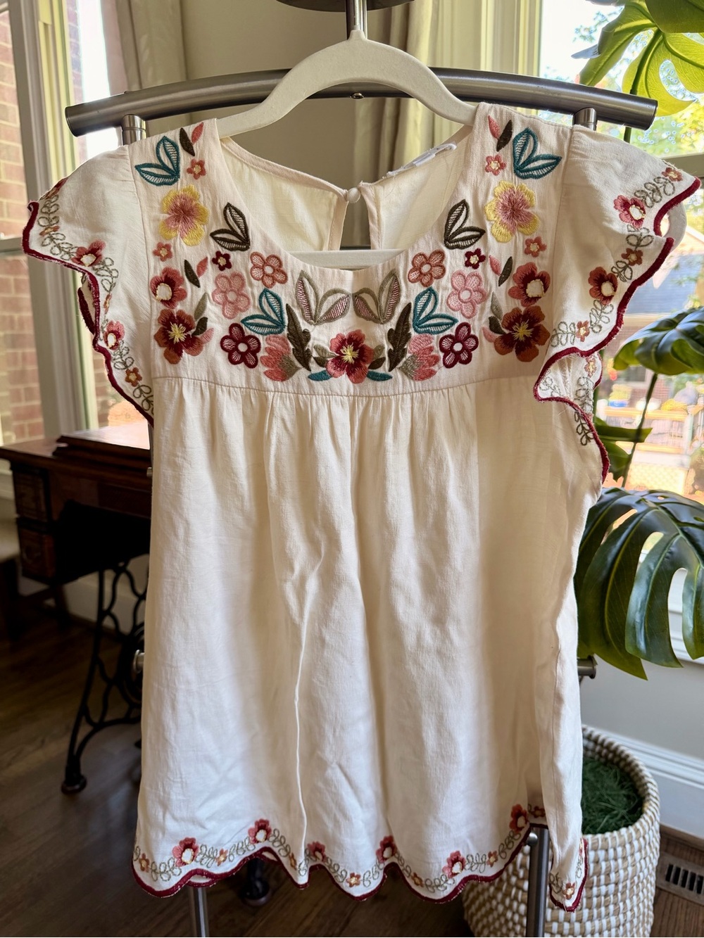 THML White Embroidered Flutter Sleeve Tunic with Multicolor Floral Accents